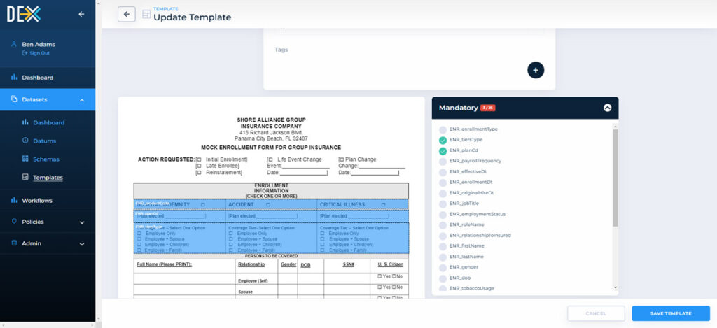 Screenshot showing a template update of the DEX platform